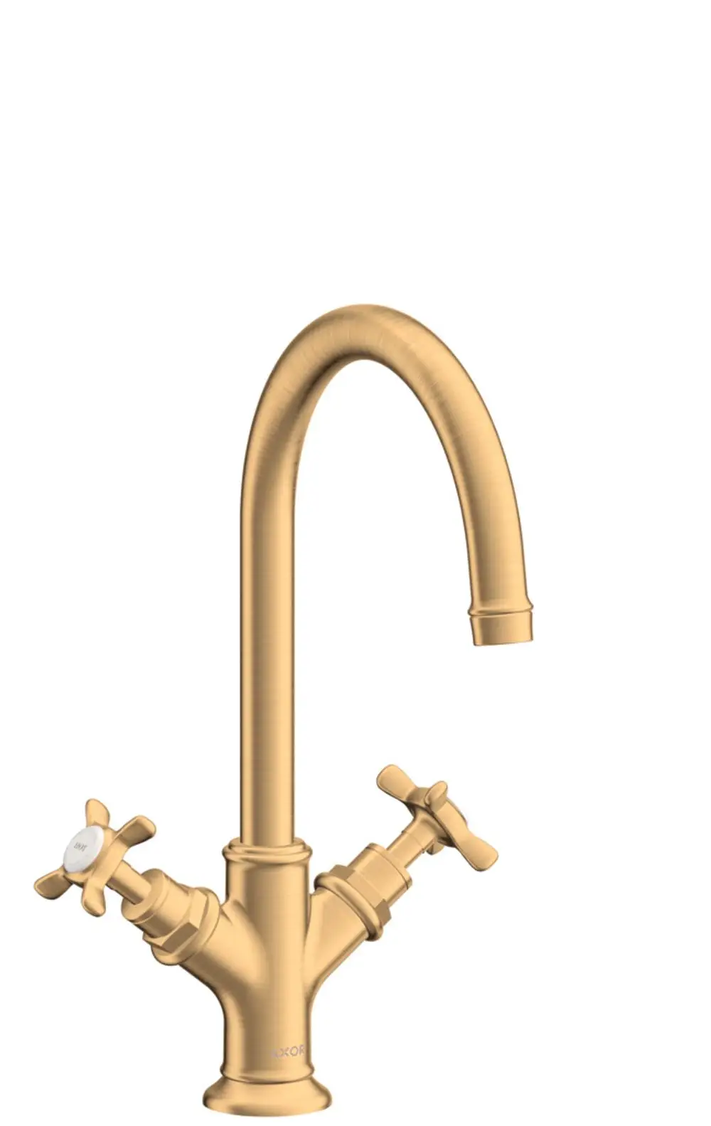 Waschtischarmatur mit zwei Kreuzgriffen und klassischem Design in gebürstetem Messingfinish, hergestellt von AXOR.